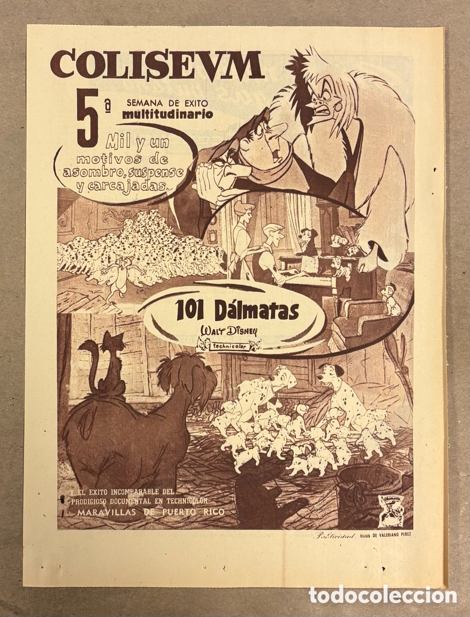 Cine: 101 D&Aacute;LMATAS (WALT DISNEY). ANUNCIO CARTEL ESTRENO PEL&Iacute;CULA PERI&Oacute;DICO ABC A&Ntilde;O 1962.