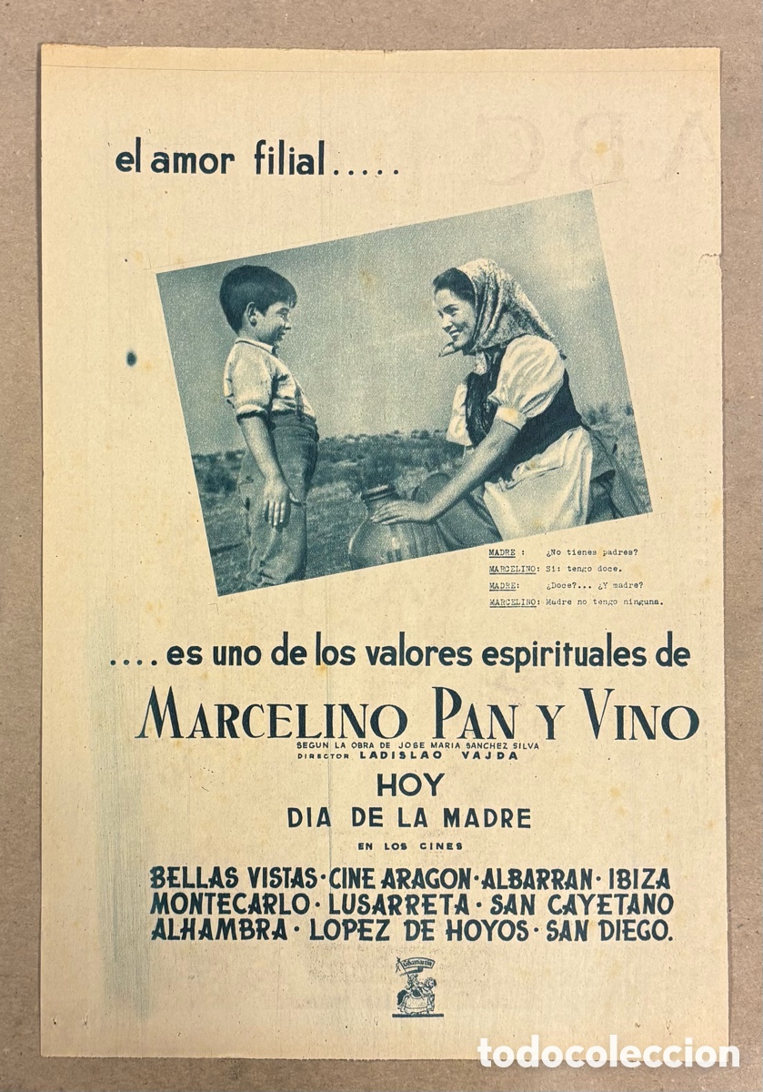 Cine: MARCELINO PAN Y VINO (PABLITO CALVO). ANUNCIO CARTEL ESTRENO PEL&Iacute;CULA PERI&Oacute;DICO ABC A&Ntilde;O 1955.