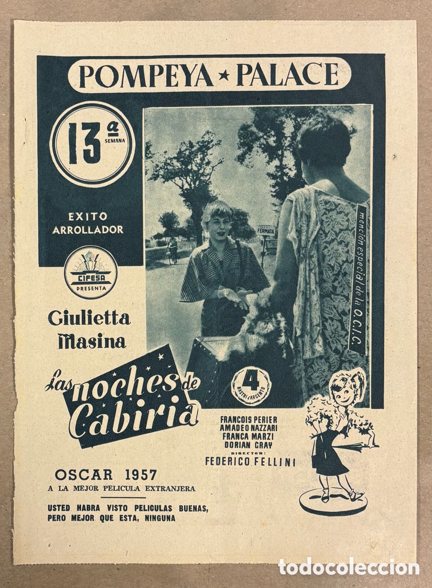 Cine: LAS NOCHES DE CABIRIA (FEDERICO FELLINI). ANUNCIO CARTEL ESTRENO PEL&Iacute;CULA PERI&Oacute;DICO ABC A&Ntilde;O 1957.