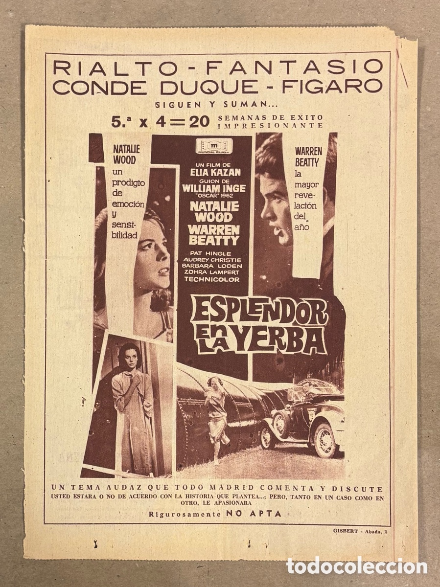 Cine: ESPLENDOR EN LA YERBA (WARREN BEATTY). ANUNCIO CARTEL ESTRENO PEL&Iacute;CULA PERI&Oacute;DICO ABC A&Ntilde;O 1962