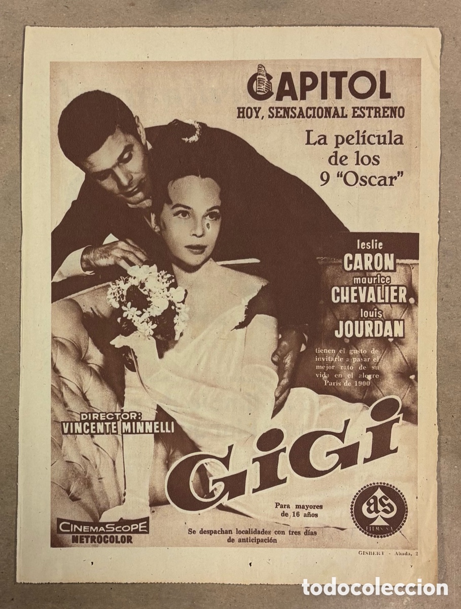 Cine: GIGI (VICENTE MINELLI). ANUNCIO CARTEL ESTRENO PEL&Iacute;CULA PERI&Oacute;DICO ABC A&Ntilde;O 1959. CINE CAPITOL.