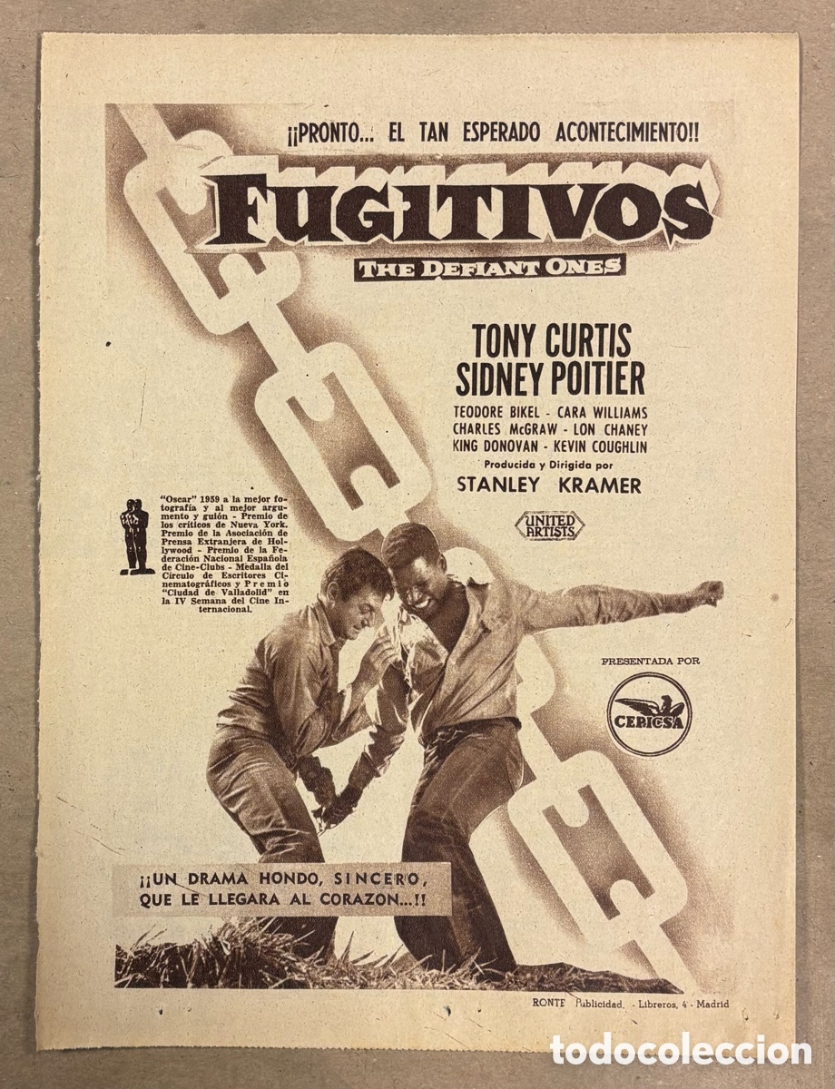 Cine: FUGITIVOS (TONY CURTIS SIDNEY POITIER). ANUNCIO CARTEL ESTRENO PEL&Iacute;CULA PERI&Oacute;DICO ABC A&Ntilde;O 1959.