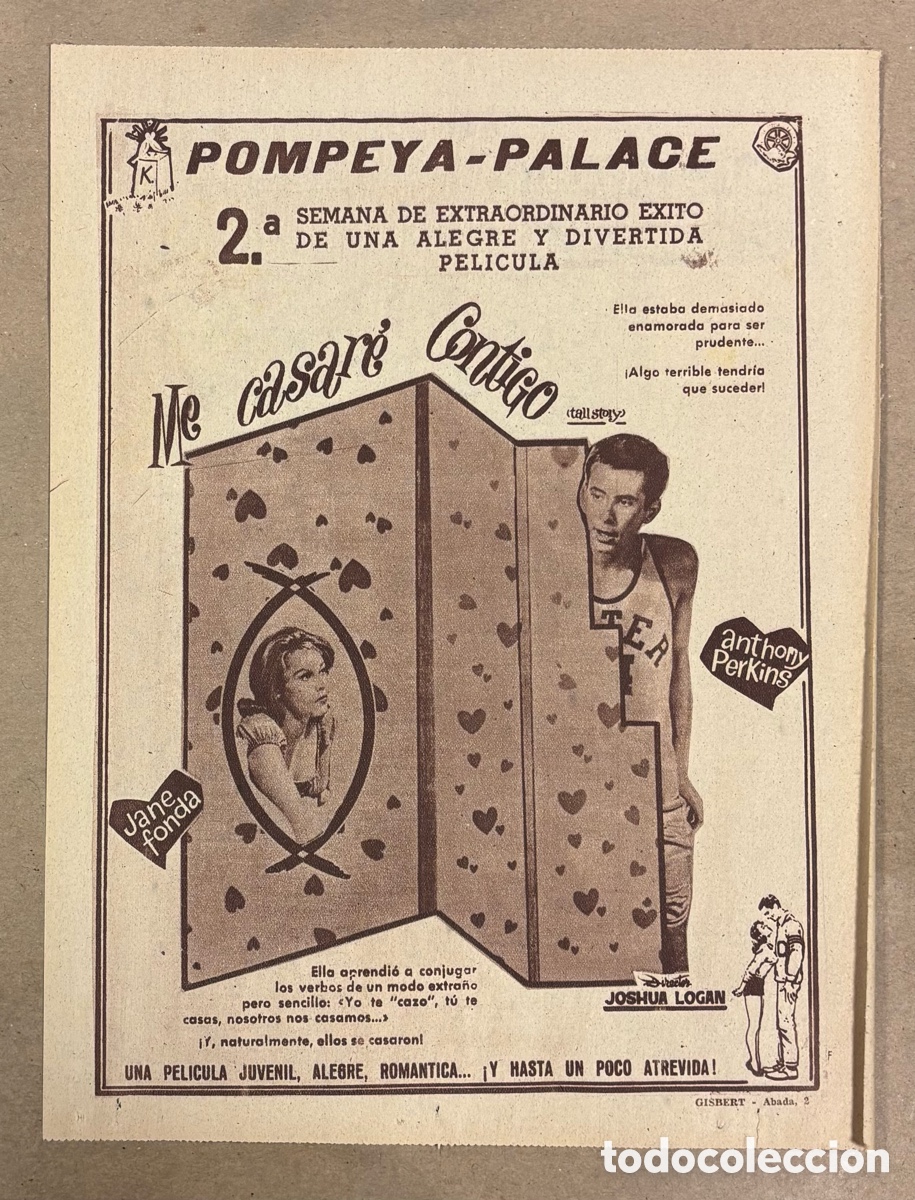 Cine: ME CASAR&Eacute; CONTIGO (JANE FONDA ANTHONY PERKINS). ANUNCIO CARTEL ESTRENO PERI&Oacute;DICO ABC A&Ntilde;O 1961.