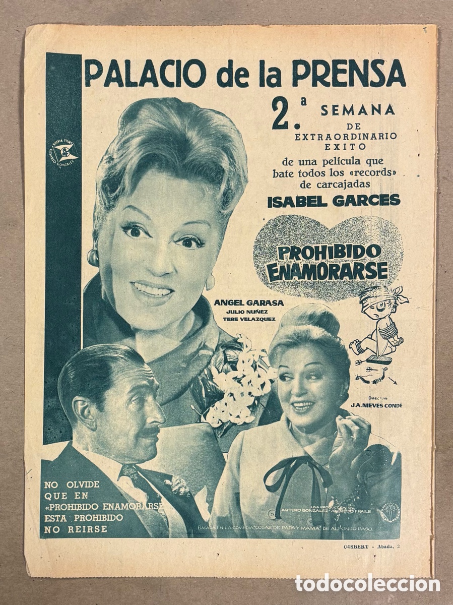 Cine: PROHIBIDO ENAMORARSE (ISABEL GARC&Eacute;S). ANUNCIO CARTEL ESTRENO PEL&Iacute;CULA PERI&Oacute;DICO ABC A&Ntilde;O 1961.