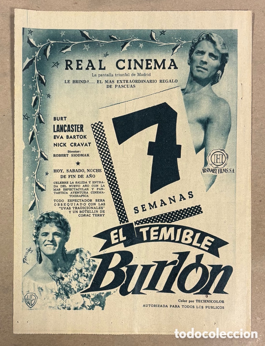 Cine: EL TEMIBLE BURL&Oacute;N (BURT LANCASTER). ANUNCIO CARTEL ESTRENO PEL&Iacute;CULA PERI&Oacute;DICO ABC A&Ntilde;O 1955
