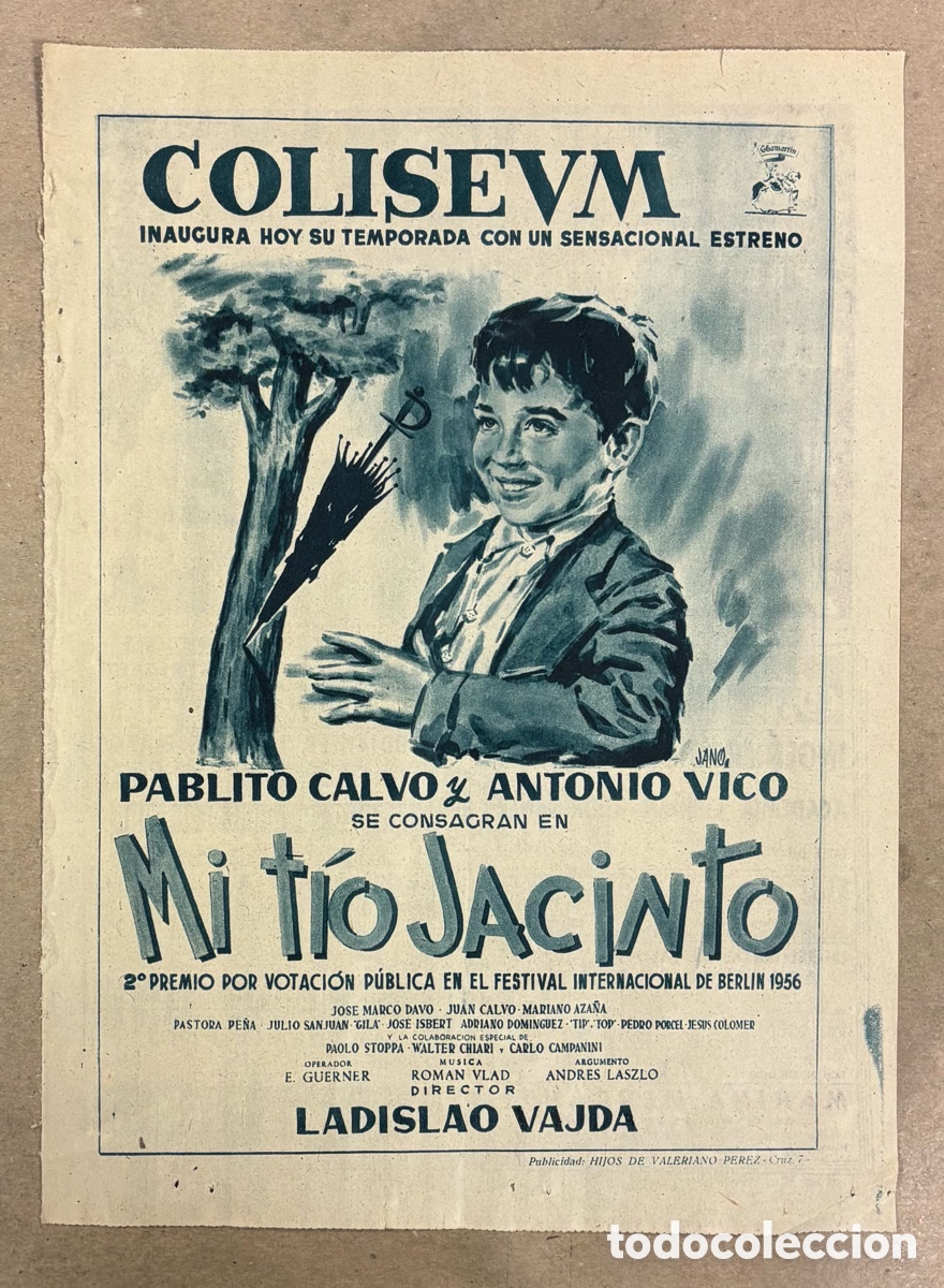 Cine: MI T&Iacute;O JACINTO (PABLITO CALVO). ANUNCIO CARTEL ESTRENO PEL&Iacute;CULA PERI&Oacute;DICO ABC A&Ntilde;O 1956.