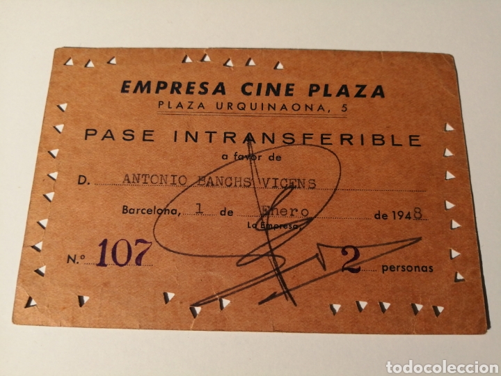 EMPRESA CINE PLAZA. BARCELONA. PASE INTRANSFERIBLE. 1948 (Cine - Entradas)