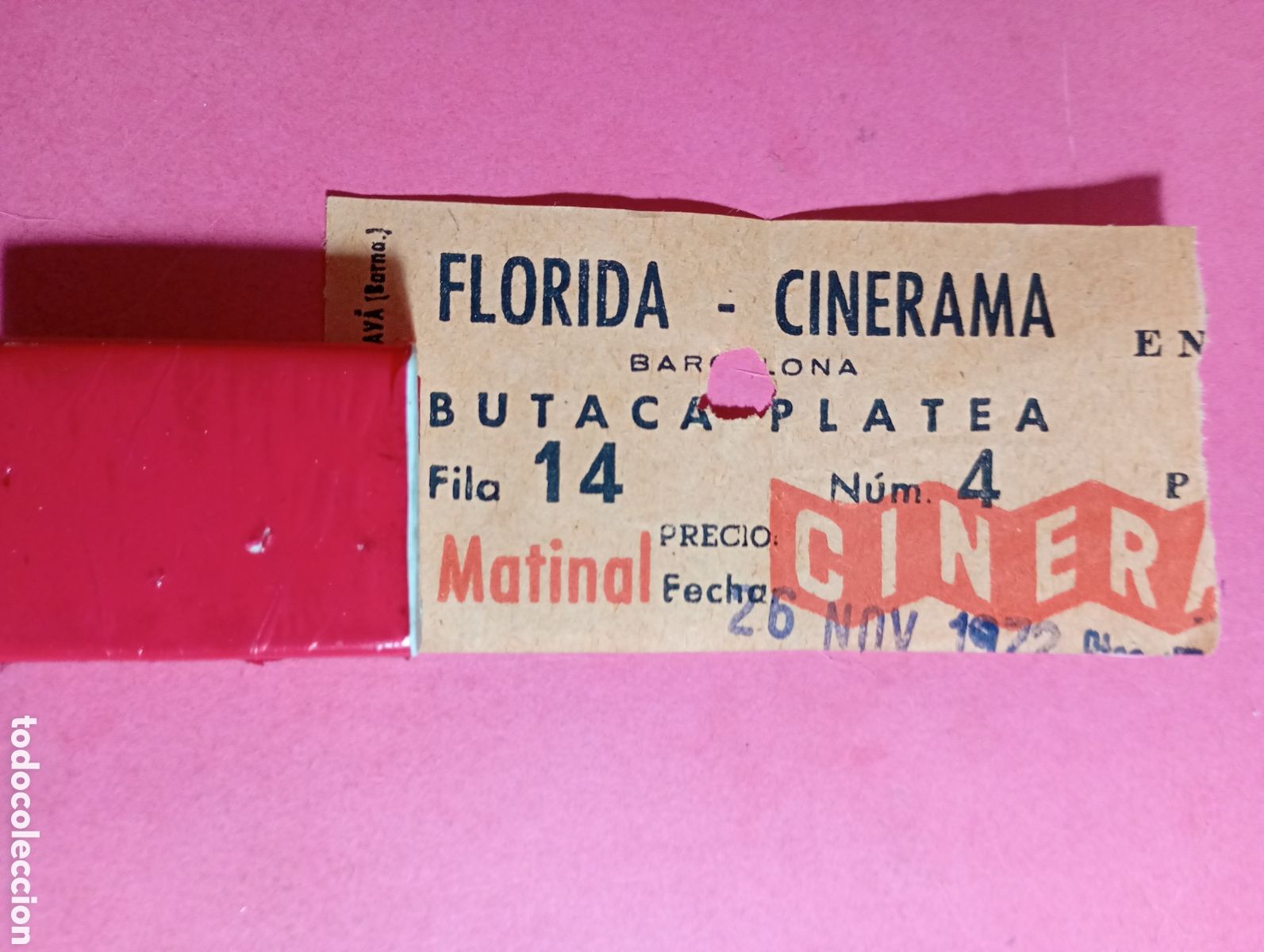 Cine: BARCELONA ENTRADA MATINAL BUTACA PLATEA 26/11/1972 ''FLORIDA CINERAMA''
