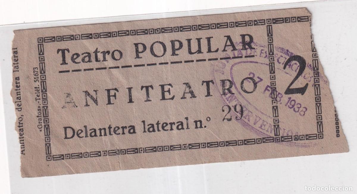 Cinema: ENTRADA CINE TEATRO POPULAR . JUNTA DE ESPECT&Aacute;CULOS &Eacute;POCA GUERRA CIVIL