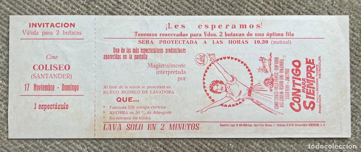 Cine: Gran entrada invitaci&oacute;n Cine Coliseo (Santander) Pel&iacute;cula: Contigo para siempre - A&ntilde;o 1968