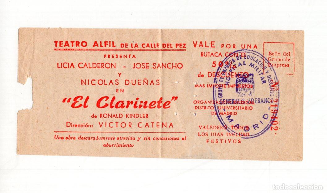 Cinema: VALE TEATRO ALFIL (1972). ENTRADA AL ESTRENO DE &rdquo;EL CLARINETE&rdquo; CON PEPE SANCHO.