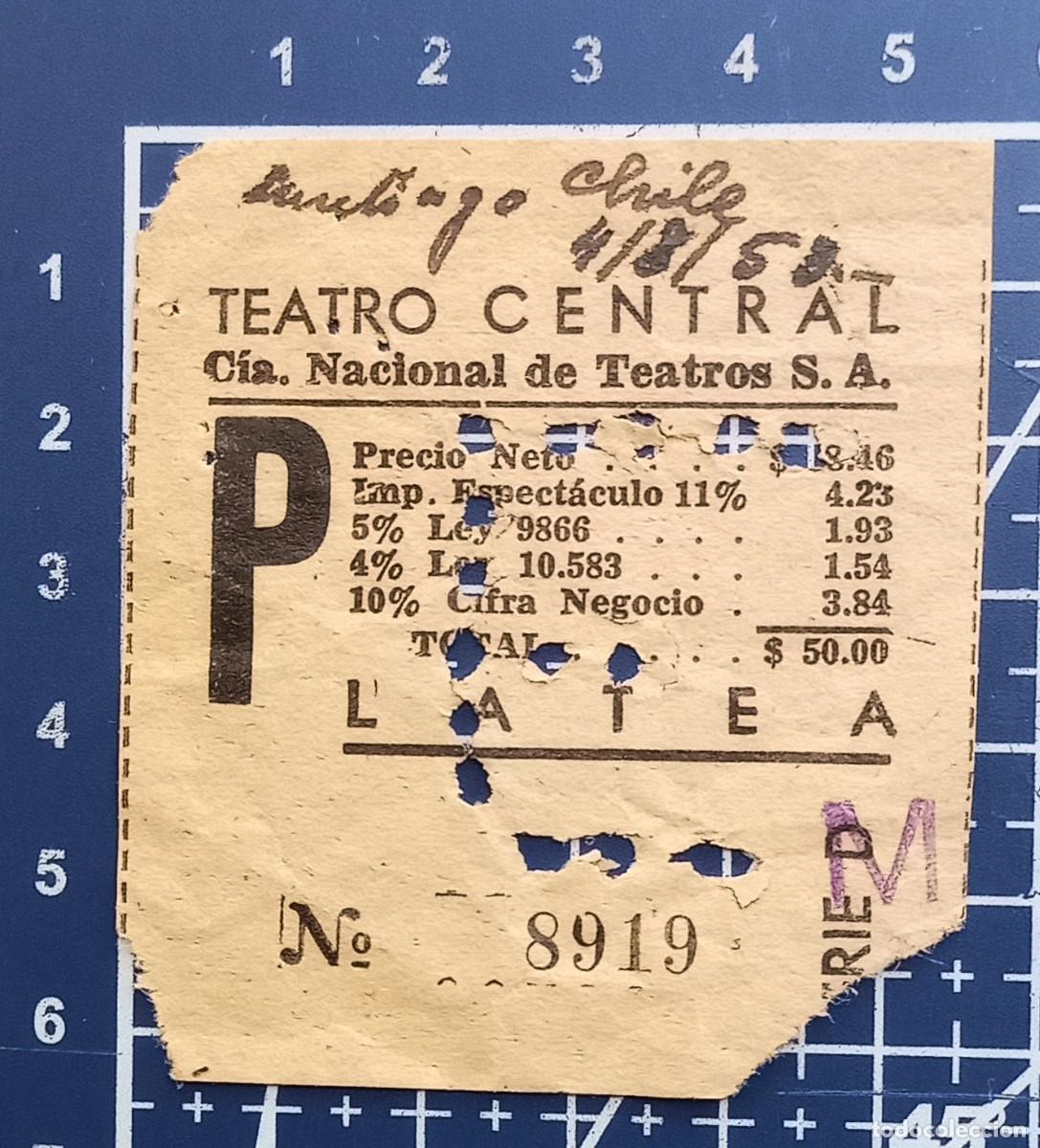 Cine: ENTRADA/TIQUET - TEATRO CENTRAL - SANTIAGO DE CHILE - 1953