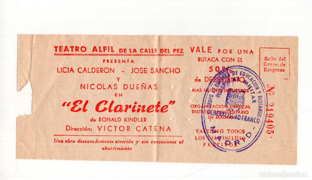 Cinema: VALE TEATRO ALFIL (1972). ENTRADA AL ESTRENO DE &rdquo;EL CLARINETE&rdquo; CON PEPE SANCHO.
