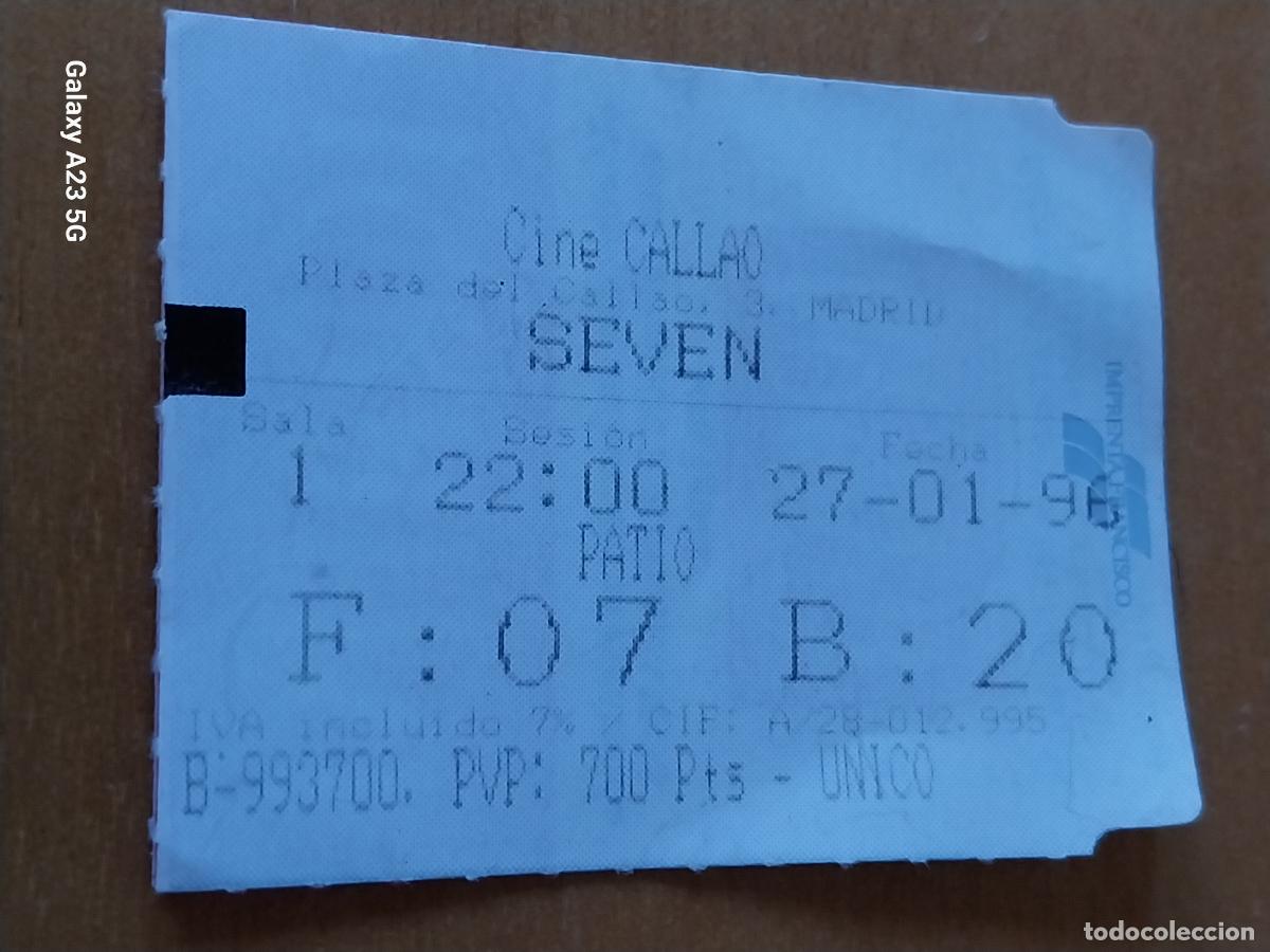 Cinema: SEVEN ENTRADA CINE CALLAO 27 ENE 1996 DORSO PUBLI BOCATA WORLD 5.7X4.3CMS ORIGINAL BUTACA 20