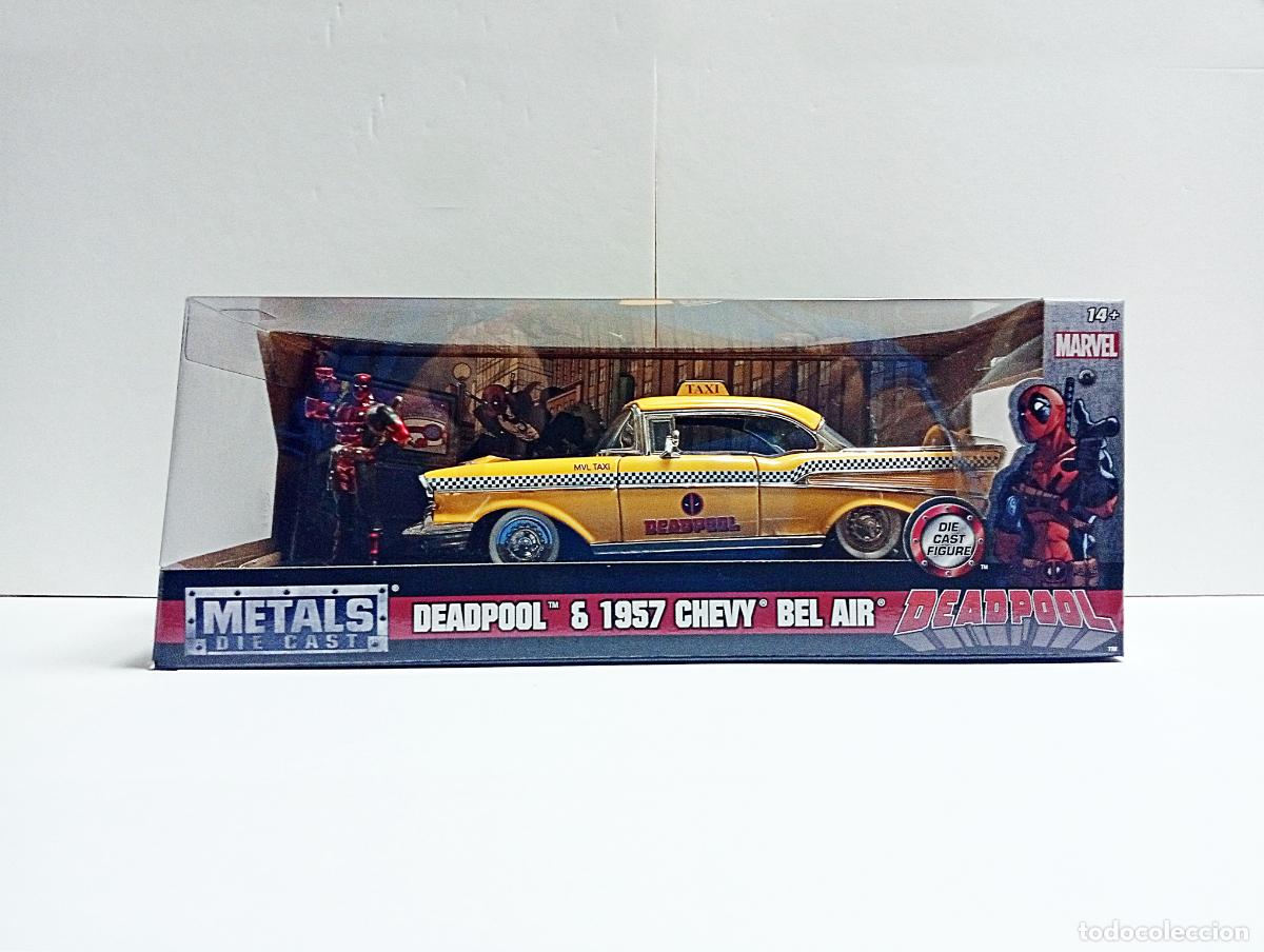 Coches a escala: DEADPOOL & 1957 CHEVY BEL AIR MARVEL METALS DIE CAST JADA TOYS 1:24 FIGURA Y COCHE CHEVROLET TAXI 57
