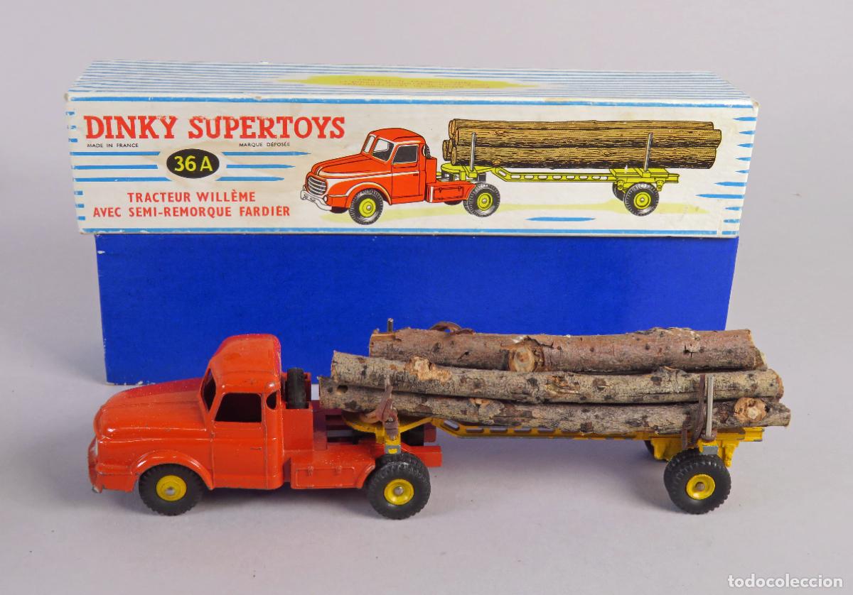 Coches a escala: Tracteur Willeme remorque fardier Dinky SuperToys 36 A 1/43 Cami&oacute;n troncos Made France caja a&ntilde;os 50