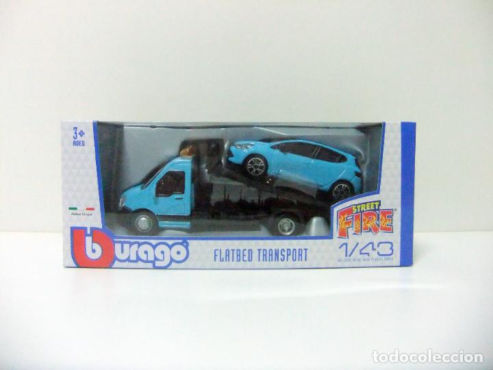 Carros em escala: FLATBED TRANSPORT W/ RENAULT CLIO - BURAGO STREET FIRE 1:43 CAMI&Oacute;N GR&Uacute;A CON COCHE CAR HAULER BBURAGO