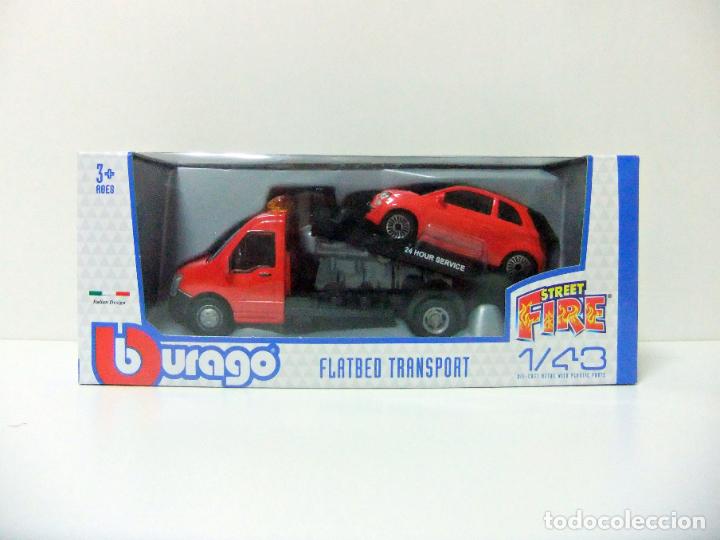 Coches a escala: FLATBED TRANSPORT W/ FIAT 500 - BURAGO STREET FIRE 1:43 - CAMI&Oacute;N GR&Uacute;A CON COCHE CAR HAULER BBURAGO