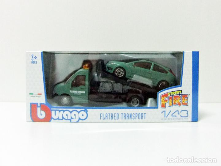 Coches a escala: FLATBED TRANSPORT W/ FORD FOCUS ST BURAGO STREET FIRE 1:43 CAMI&Oacute;N GR&Uacute;A CON COCHE CAR HAULER BBURAGO