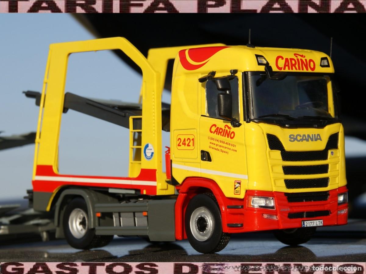 Coches a escala: CAMION SCANIA 450 S 2021 PORTACOCHES TRANSPORTES CARI&Ntilde;O ESCALA 1:43 DE SALVAT EN su blister