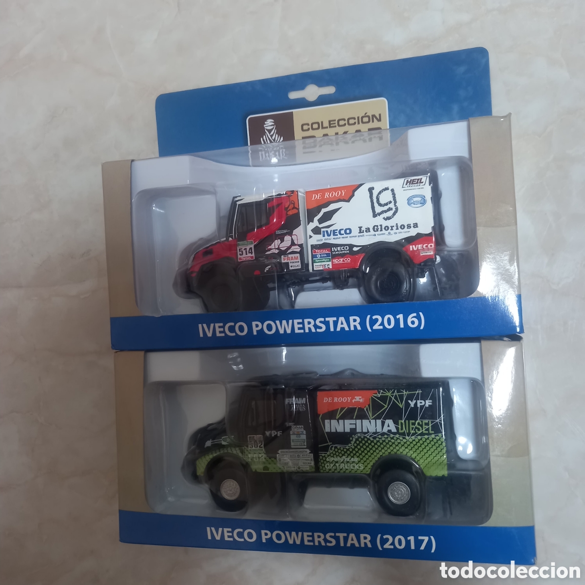 Coches a escala: Dos Camion iveco powerstar rally dakar escala 1/43 de Colecci&oacute;n Nuevo LG YPF Fram sparco