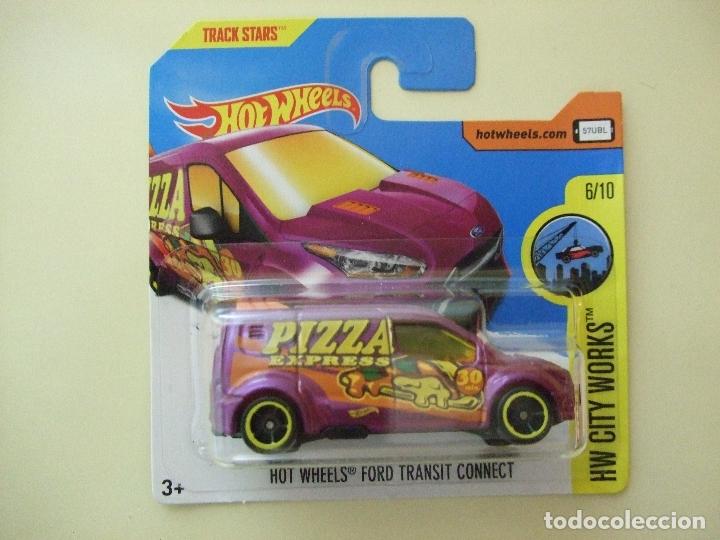 Model cars Hot Wheels: FORD TRANSIT CONNECT PIZZA EXPRESS HOT WHEELS HW CITY WORKS 2017 ESCALA 1:64 FURGONETA TRACK STARS