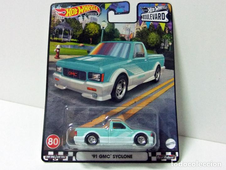 Model cars Hot Wheels: &acute;91 GMC SYCLONE HOT WHEELS PREMIUM BOULEVARD 2023 N&ordm; 80 REAL RIDERS 1:64 COCHE SYCO PICKUP 1991 CAR