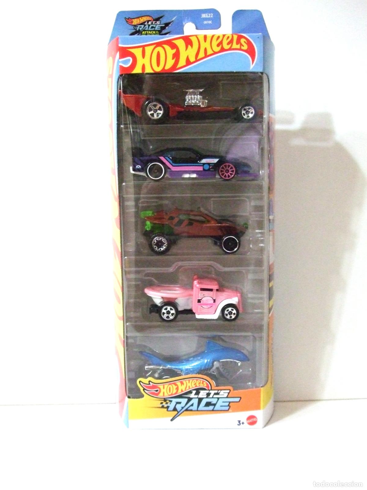 Coches a escala Hot Wheels: NETFLIX LET&acute;S RACE 5 PACK HOT WHEELS 2026 1:64 GT SCORCHER SHARK BITE MADFAST SANDIVORE ATTACK T-REX