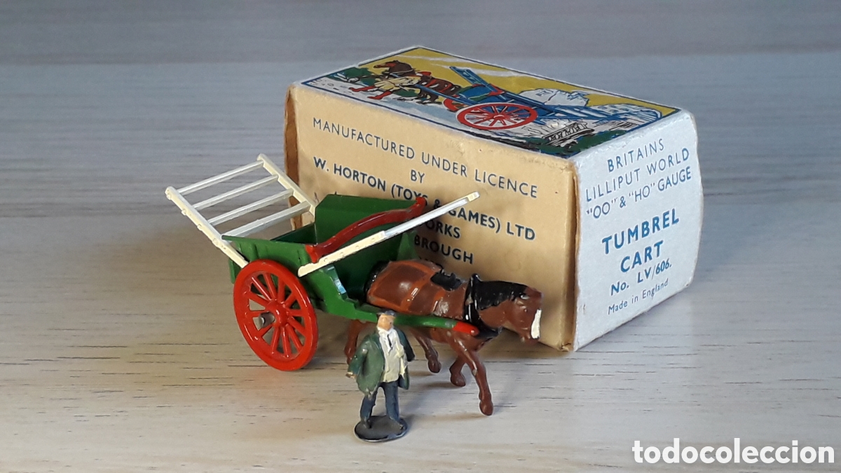 Coches a escala: Carro con caballo Tumbrel Cart, metal H0 1/87, Britains Lilliput England, tipo Matchbox, a&ntilde;os 50
