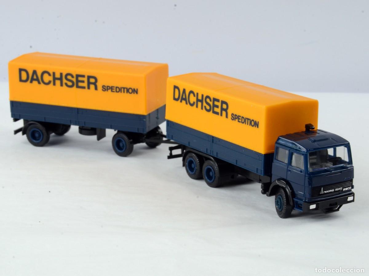 Coches a escala: Herpa Escala 1:87 H0 Cami&oacute;n Magirus Deutz Iveco con Remolque Dachser Impecable con Caja
