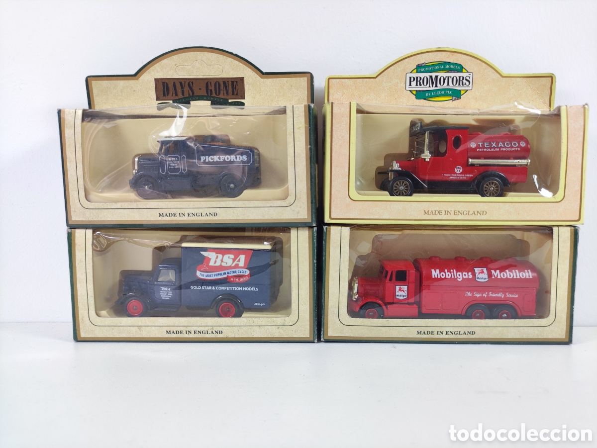 Coches a escala: Lote 4 camiones reparto antiguos Days Gone Texaco Mobiloil BSA Pickfords Vanguards lledo England