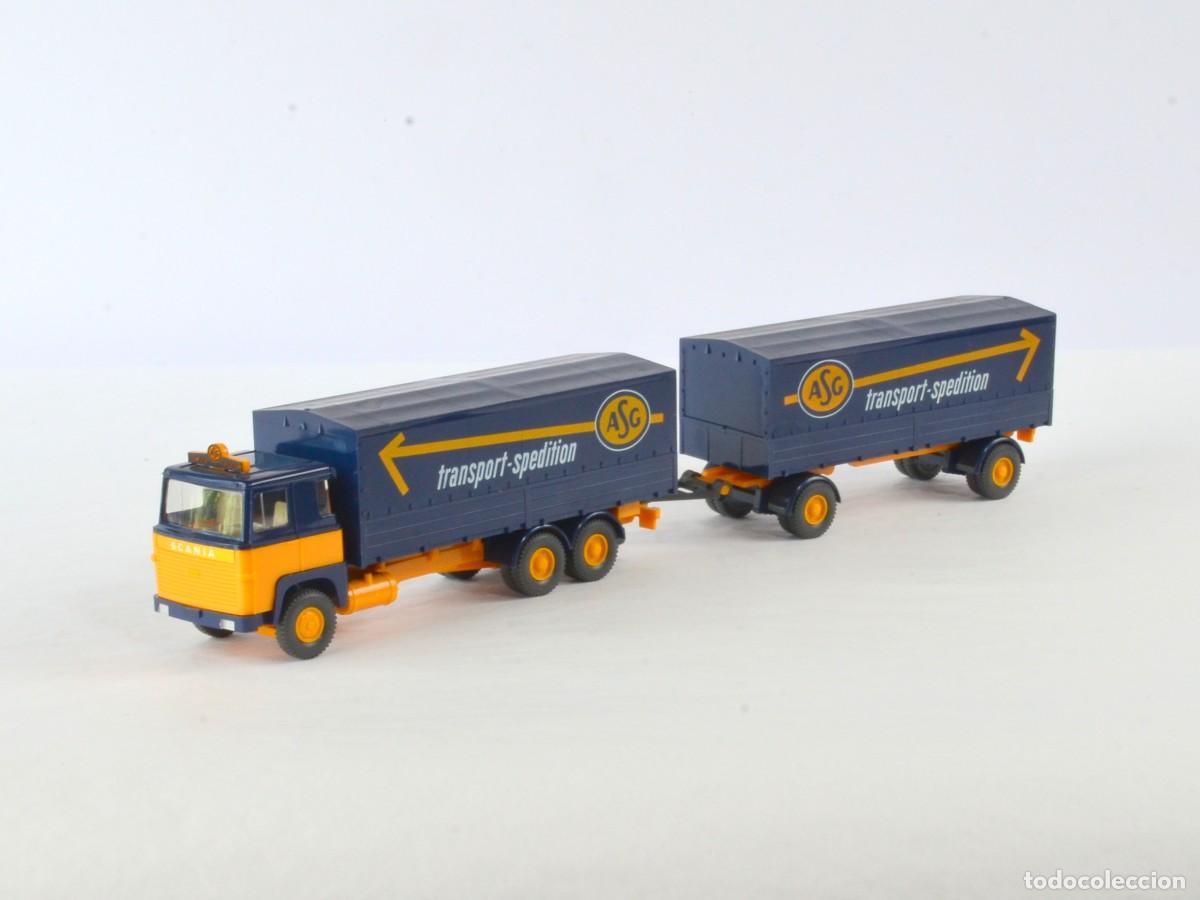 Coches a escala: Wiking Escala 1:87 HO Antiguo Cami&oacute;n Scania 110 con Remolque ASG 1975 - 76