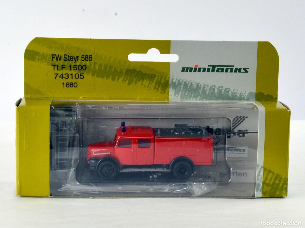 Coches a escala: Herpa Minitanks Escala 1:87 H0 1680 Cami&oacute;n de Bomberos Steyr 586 TLF1500 Impecable con Caja