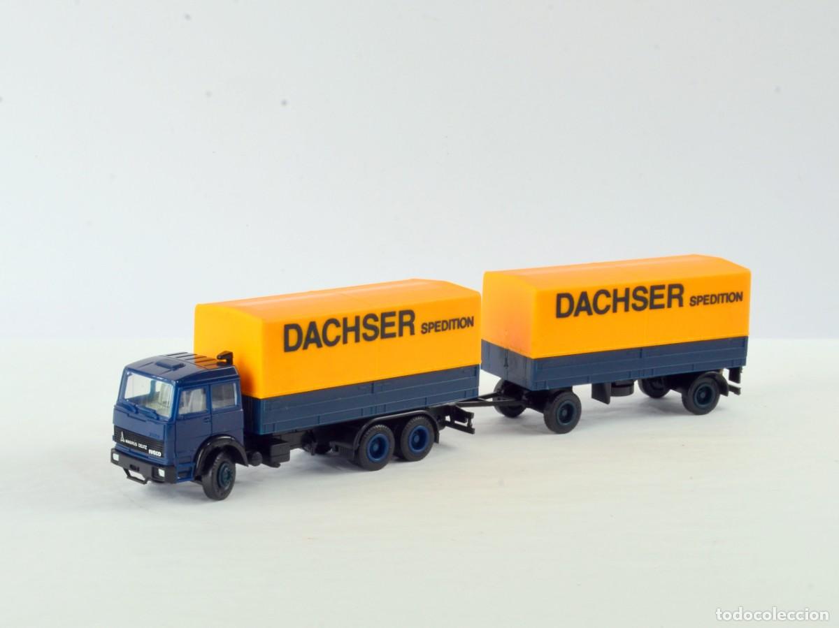Coches a escala: Herpa Escala 1:87 H0 Cami&oacute;n Magirus Deutz Iveco con Remolque Dachser Impecable con Caja