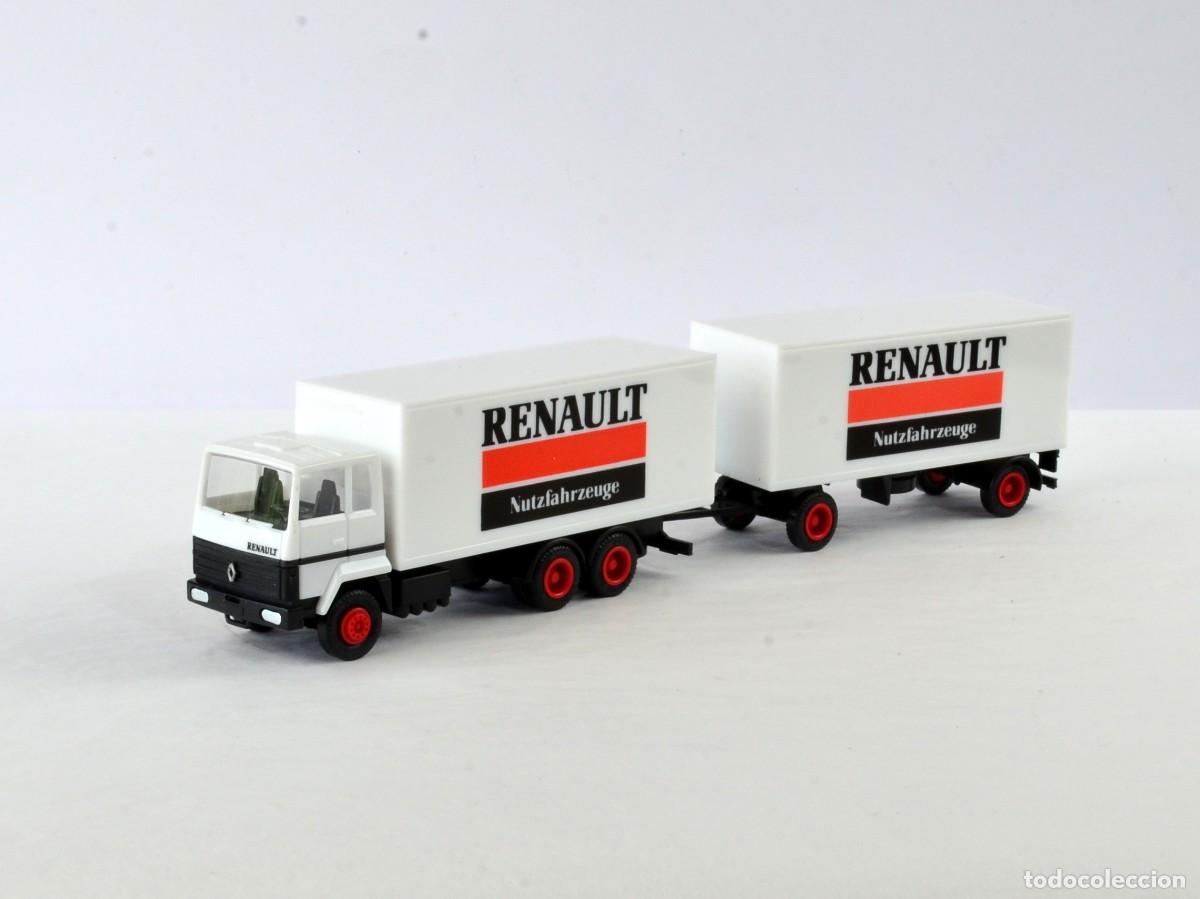 Coches a escala: Herpa Escala 1:87 H0 Cami&oacute;nRenault R310 con Remolque Renault Impecable con Caja