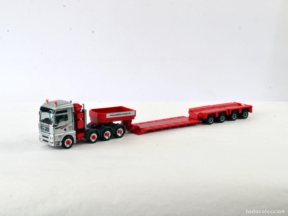 Coches a escala: Herpa Escala 1:87 H0 Cami&oacute;n Tractor MAN TGA XXL con Remolque G&oacute;ndola Spedition Bender con Caja
