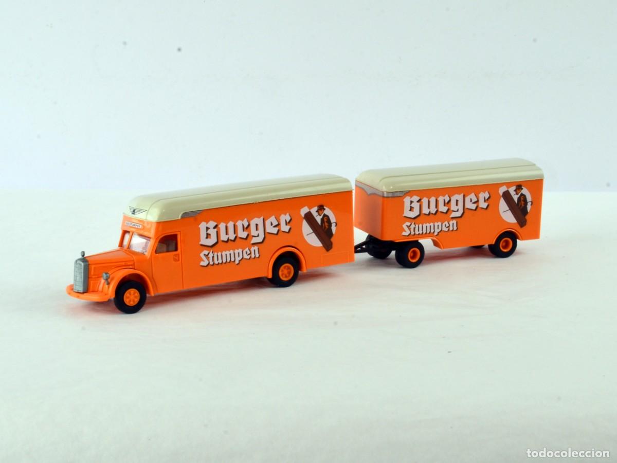 Coches a escala: Brekina Escala 1:87 H0 Cami&oacute;n Mercedes Benz 6600 con REmolque Burger Stumpen Impecable con Caja