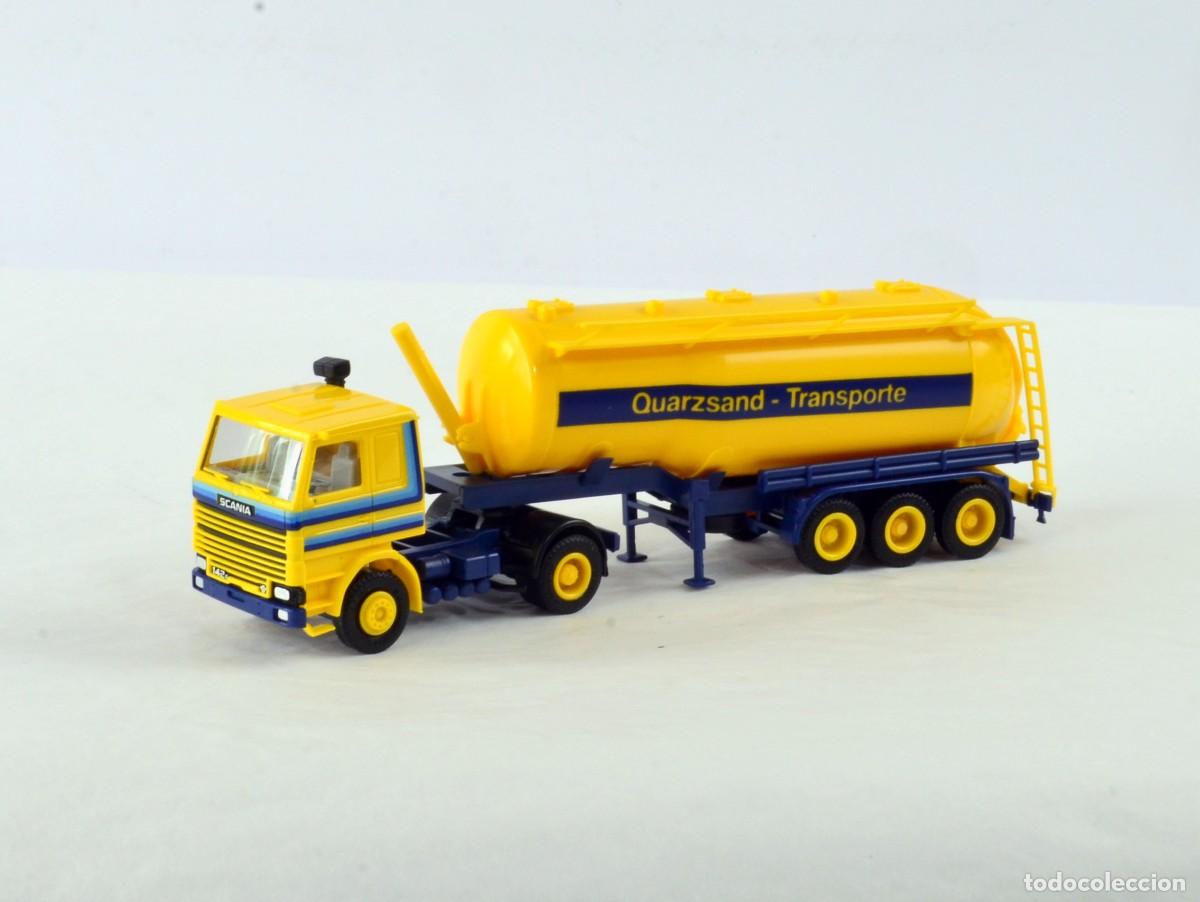 Coches a escala: Herpa Escala 1:87 H0 Cami&oacute;n Silo Articulado Scania 142E Quarzsand Transporte