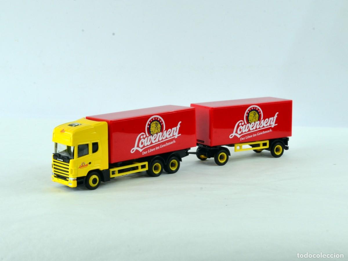 Coches a escala: Schuco Escala 1:87 H0 Cami&oacute;n Scania 124 con Remolque L&ouml;wensenf Impecablecon Caja