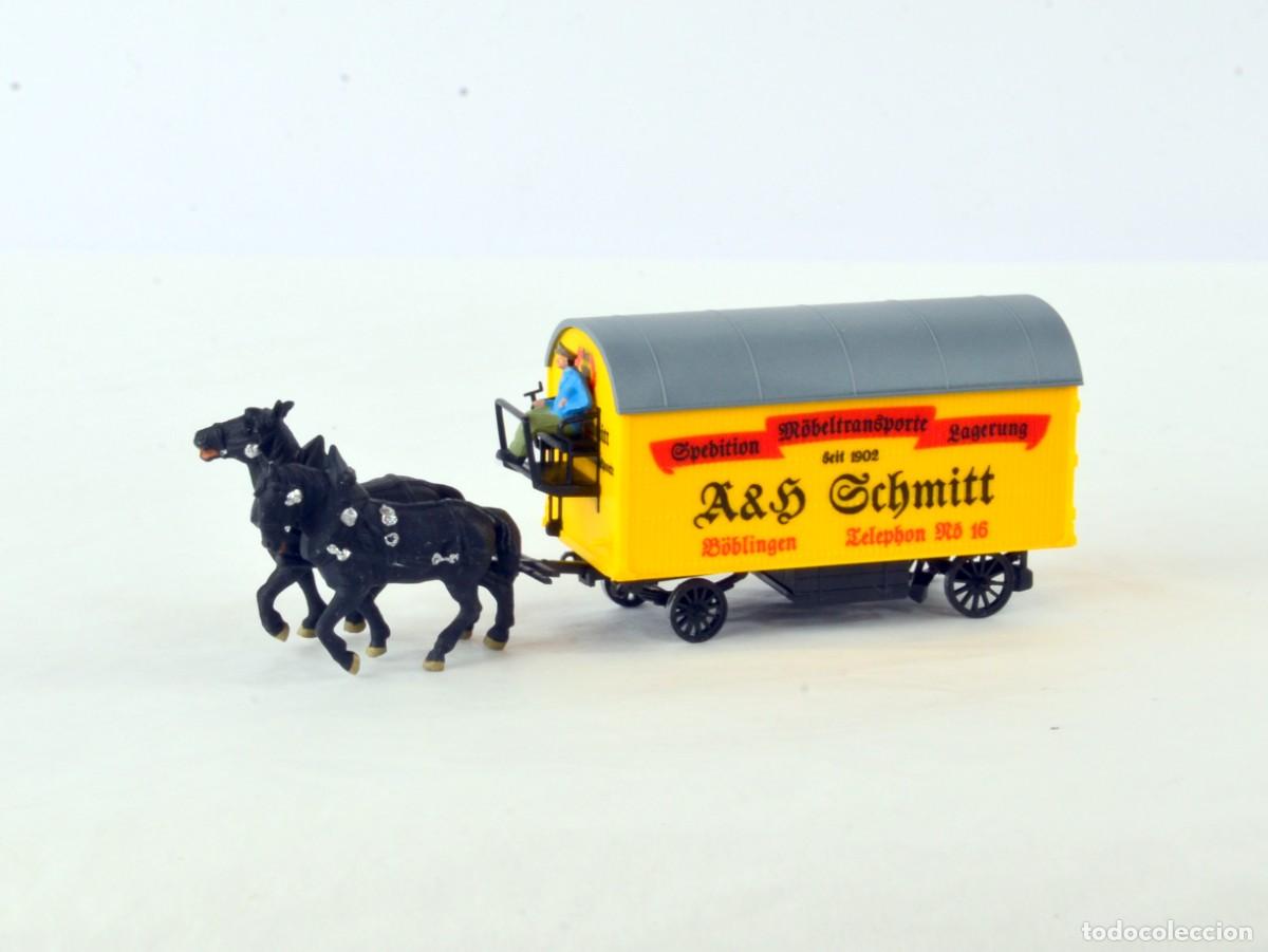 Coches a escala: Preiser Escala 1:90 1:87 H0 Carro de Mudanzas Tirado por Dos Caballos A&H Schmitt