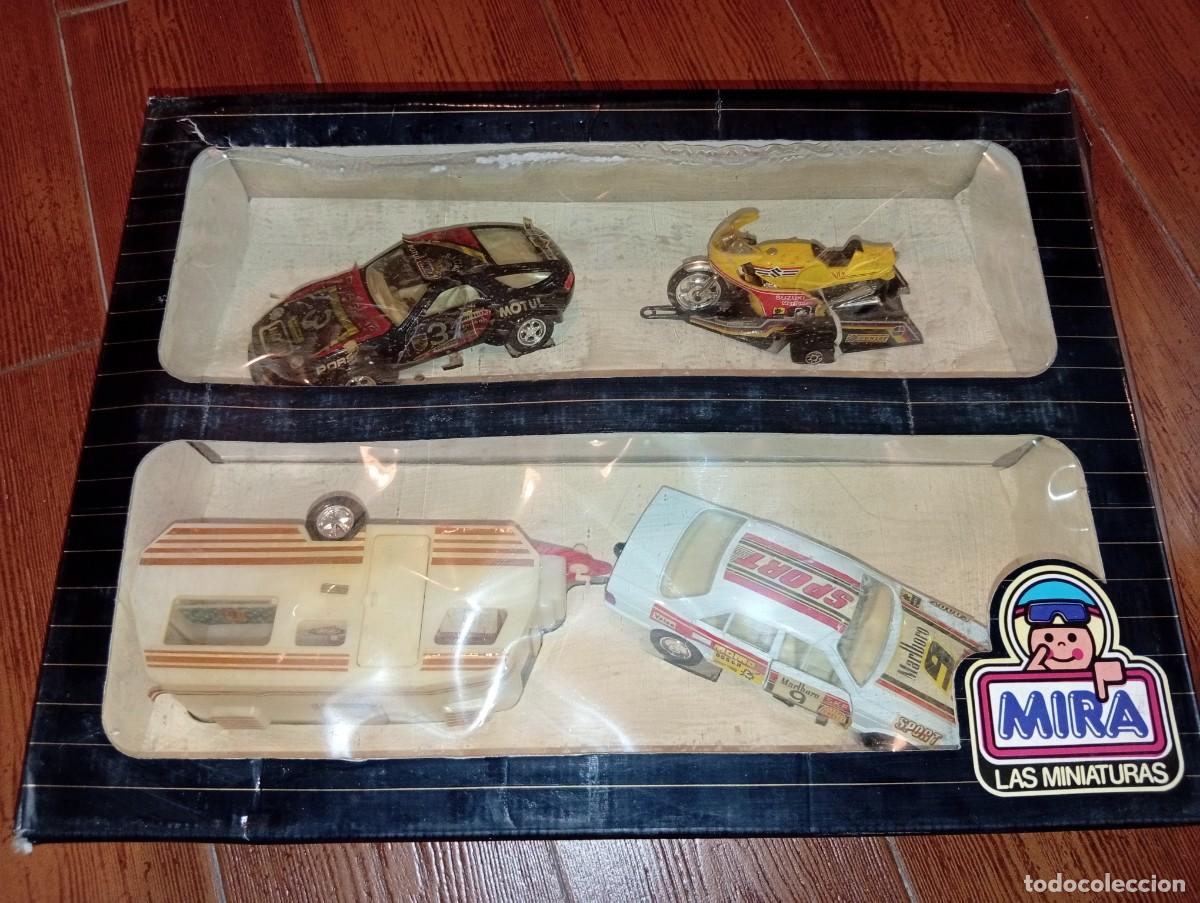 Coches a escala: MIRA Espa&ntilde;a.Caja con 2 coches escala 1/25,una moto y una caravana.Mercedes 500 y Porsche 928.