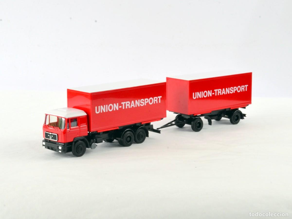Coches a escala: Herpa Escala H0 1:87 Cami&oacute;n MAN F90 con Remolque Union Transport Impecable con Caja