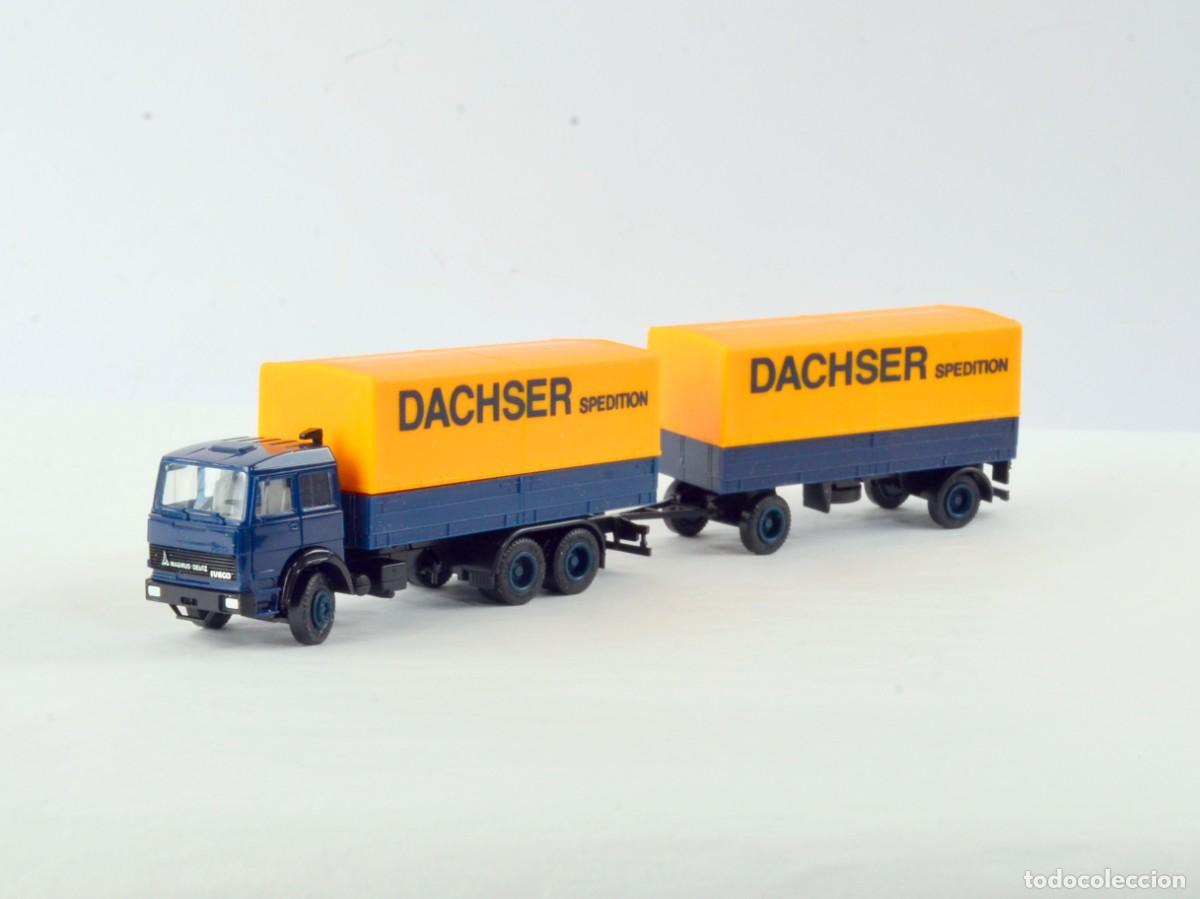 Coches a escala: Herpa Escala 1:87 H0 Cami&oacute;n Magirus Deutz Iveco con Remolque Dachser Impecable con Caja