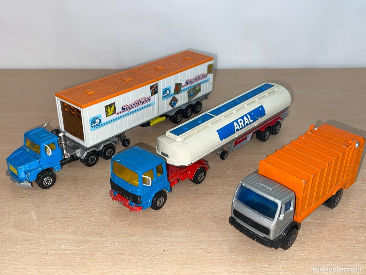 Coches a escala: Majorette LOTE 3 Camiones Mercedes Basura Saviem Cisterna Aral Scania Supertrans 1:60 a&ntilde;os 80