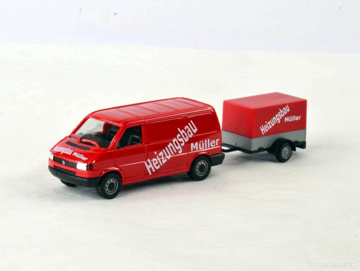 Coches a escala: Herpa Escala 1:87 H0 Volkswagen T4 con Remolque Heizungsbau M&uuml;ller Impecable con Caja