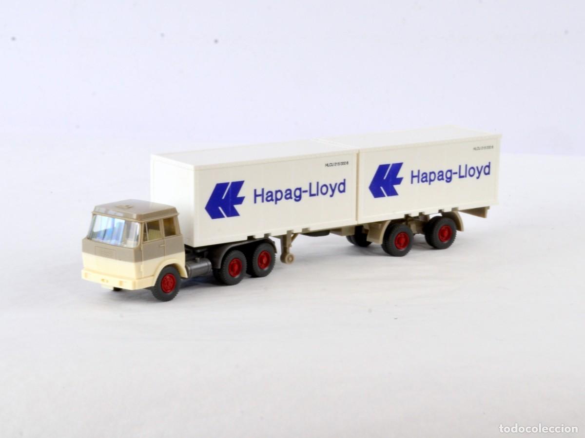 Coches a escala: Wiking Escala 1:87 H0 Antiguo Cami&oacute;n Articulado Henschel con Contenedores Hapag Lloyd 1975 - 78