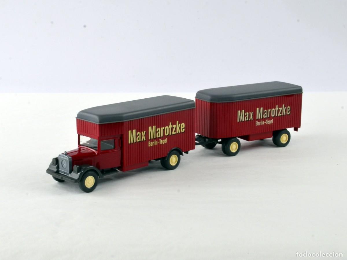 Coches a escala: Wiking Escala 1:87 H0 Cami&oacute;n Mercedes Benz L2500 con Remolque Max Marotzke