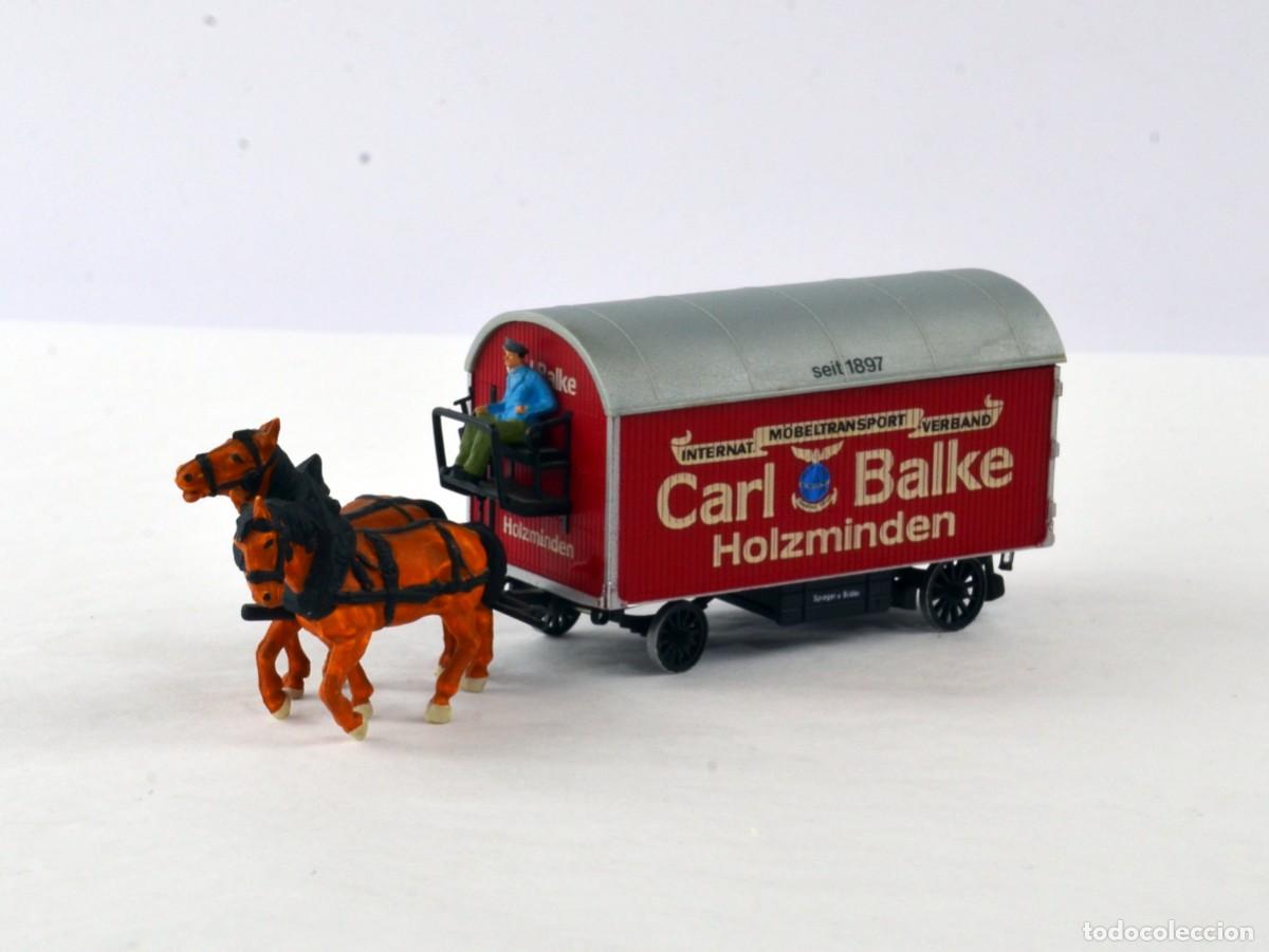 Coches a escala: Preiser Escala 1:90 1:87 H0 Carro de Mudanzas Tirado por Dos Caballos Carl Balke