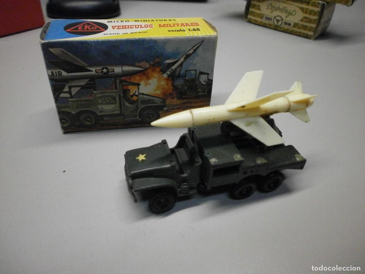 Coches a escala: micro miniaturas eko 1:88 vehiculos militares con caja camion gmc con cohete la grosse