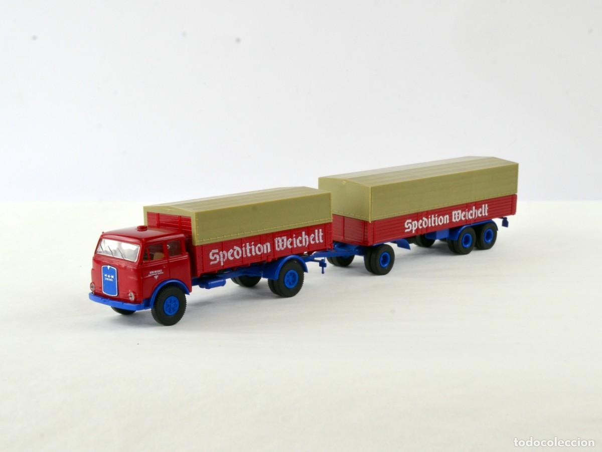 Carros em escala: Brekina Escala H0 1:87 Cami&oacute;n MAN 10.210 Mofletes con Remolque Spedition Weichelt